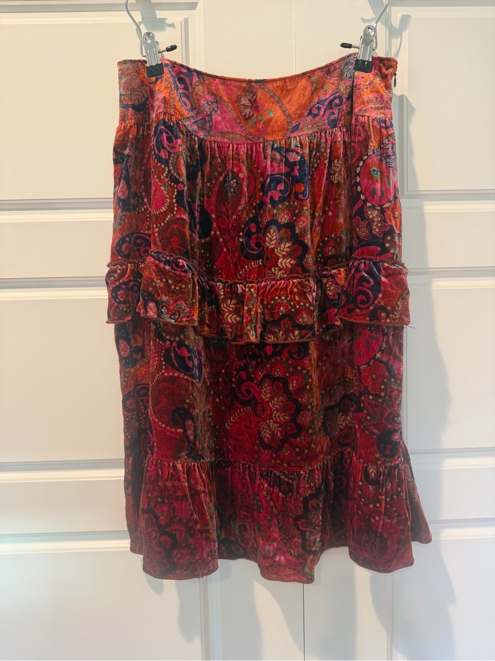 Cynthia Staffe Berry Velvet Ruffle Gypsy Paisley Party Skirt Silk Blend 6